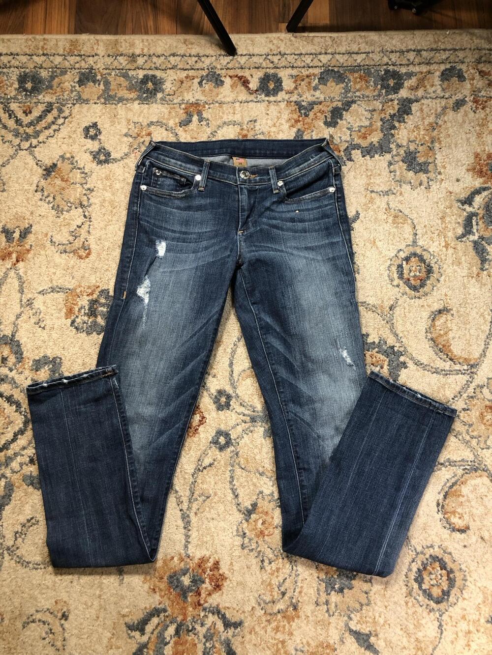 True Religion Jeans Womens 26 Blue Medium Wash Skinny Distressed Made USA Denim
